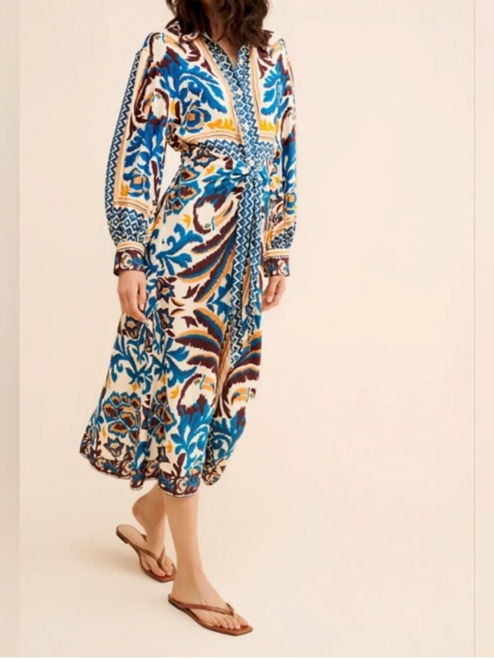 Farm Rio Toucan Scarf Midi Shirt Botanical Print Long Sleeve Dress size M